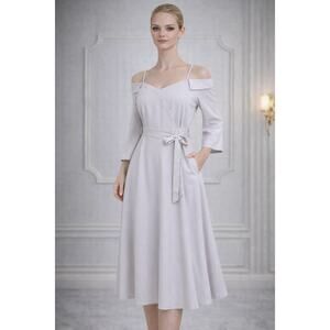 ✨ IZP Beige Off-Shoulder Wrap Midi Dress w/ Belt | Elegant Calf-Length Size M